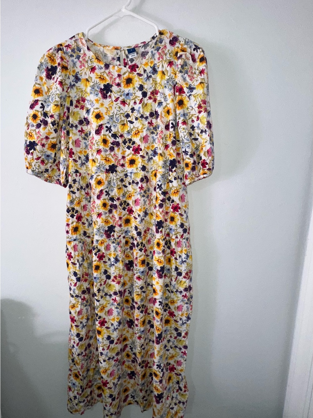 Old Navy White Floral Maxi Dress with Yellow, Purple, and Pink Blossoms